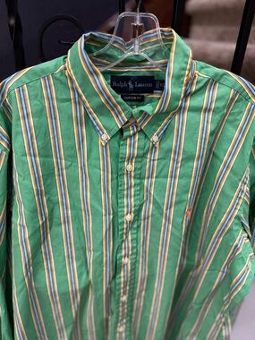 XL Ralph Lauren Green Striped Cotton Button-Down Shirt Yellow blue custom fit